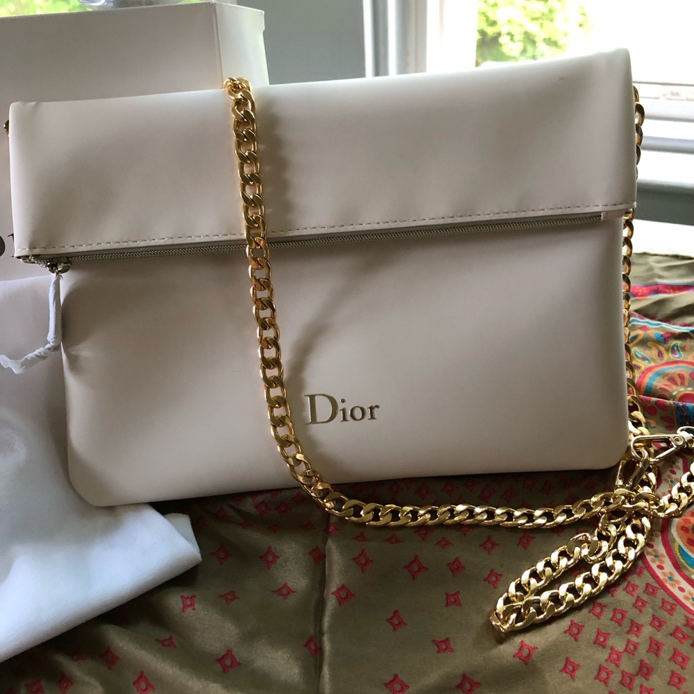 Goldtone Cuban bag chain 47” w free Dior Cream Gold Clutch w dustbag and box!